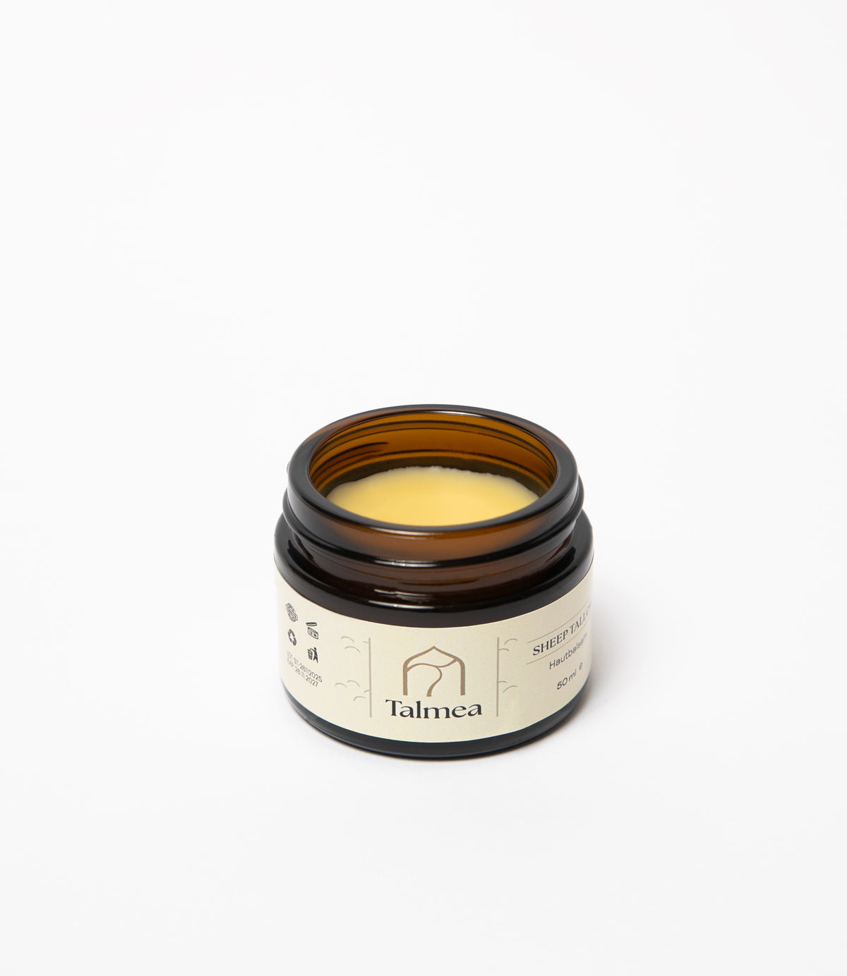 Geöffneter Talmea Sheep Tallow Tiegel mit sichtbarer Cremefüllung