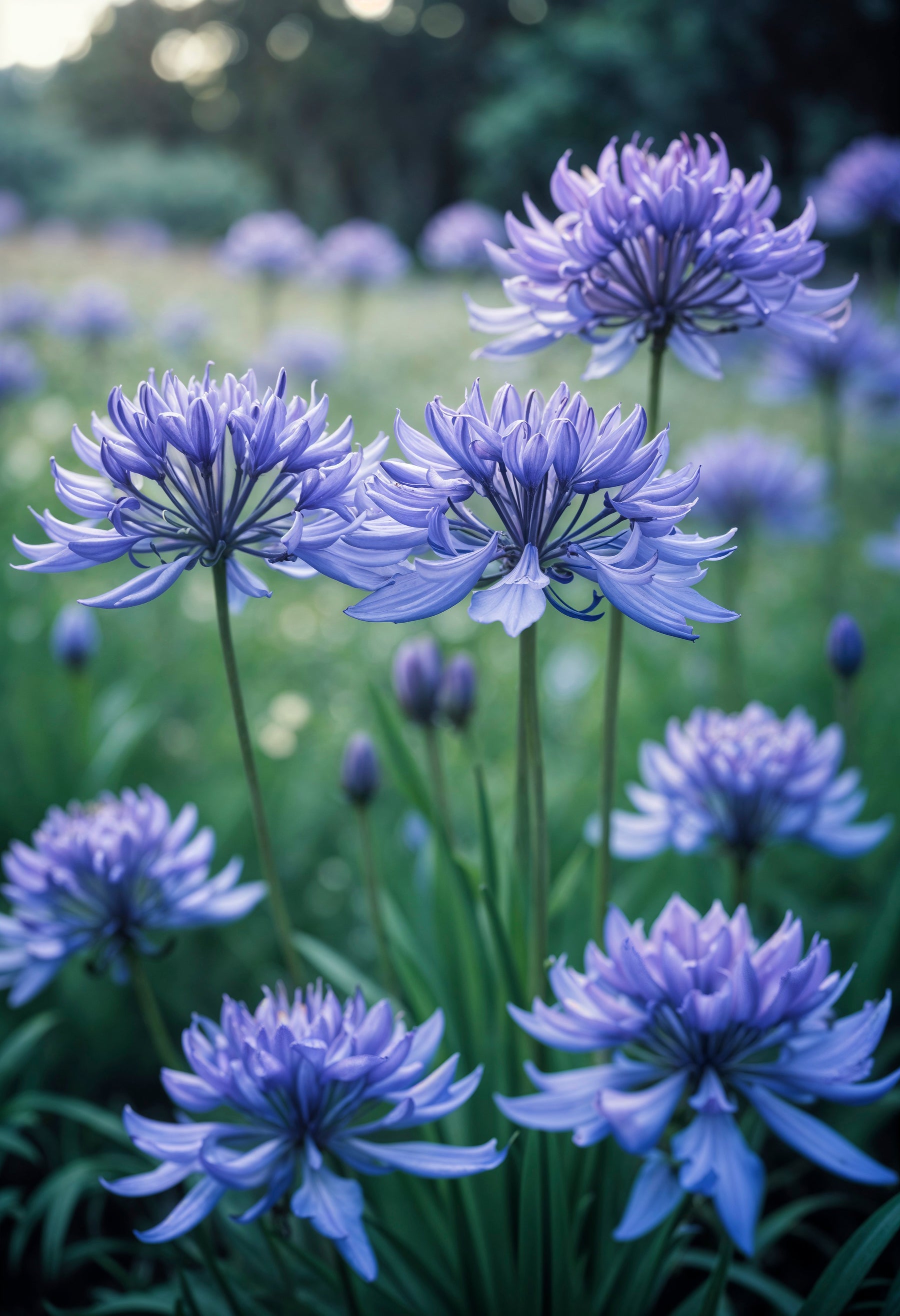 Lila Agapanthus-Blüten im Garten mit unscharfem Hintergrund